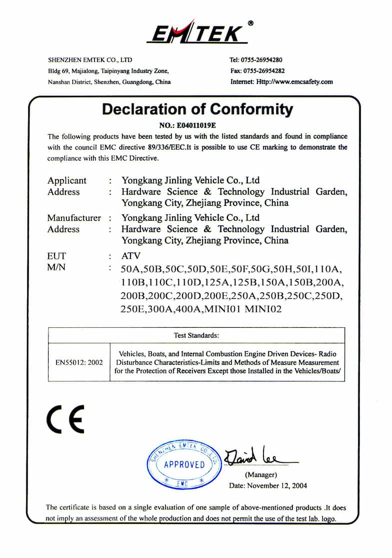 CE Certificate of ATV Quad